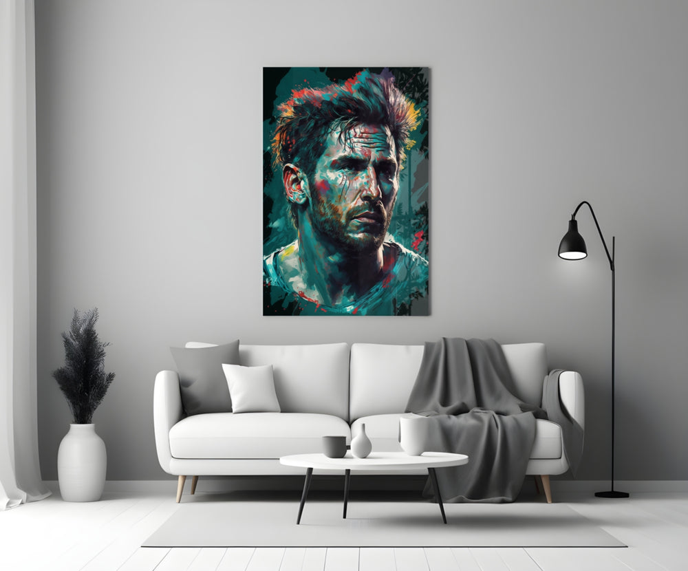 Messi close-up showing cyan and crimson splatter across forehead and beard