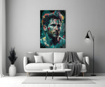 Messi close-up showing cyan and crimson splatter across forehead and beard