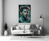 Messi close-up showing cyan and crimson splatter across forehead and beard