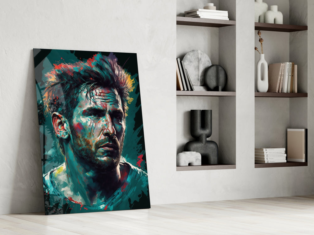 Messi glass print enhancing a hallway with athletic palette