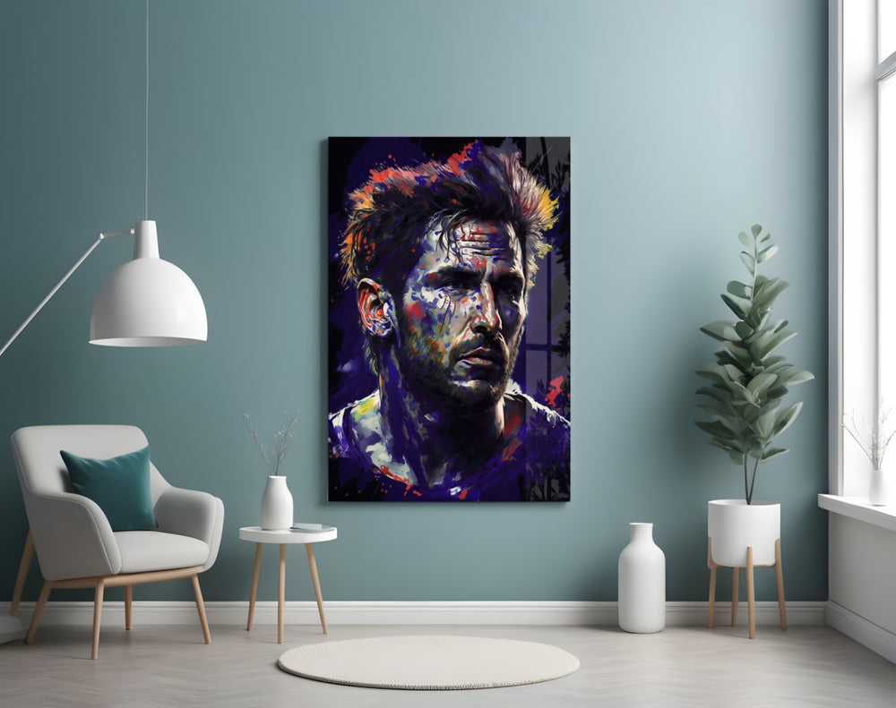 Messi glass wall art styled above a console in a sports lounge