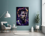 Messi glass wall art styled above a console in a sports lounge