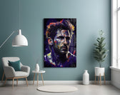 Messi glass wall art styled above a console in a sports lounge