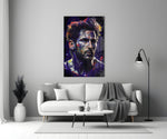 Messi close-up showing indigo and amber splatter across forehead and beard