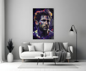 Messi close-up showing indigo and amber splatter across forehead and beard