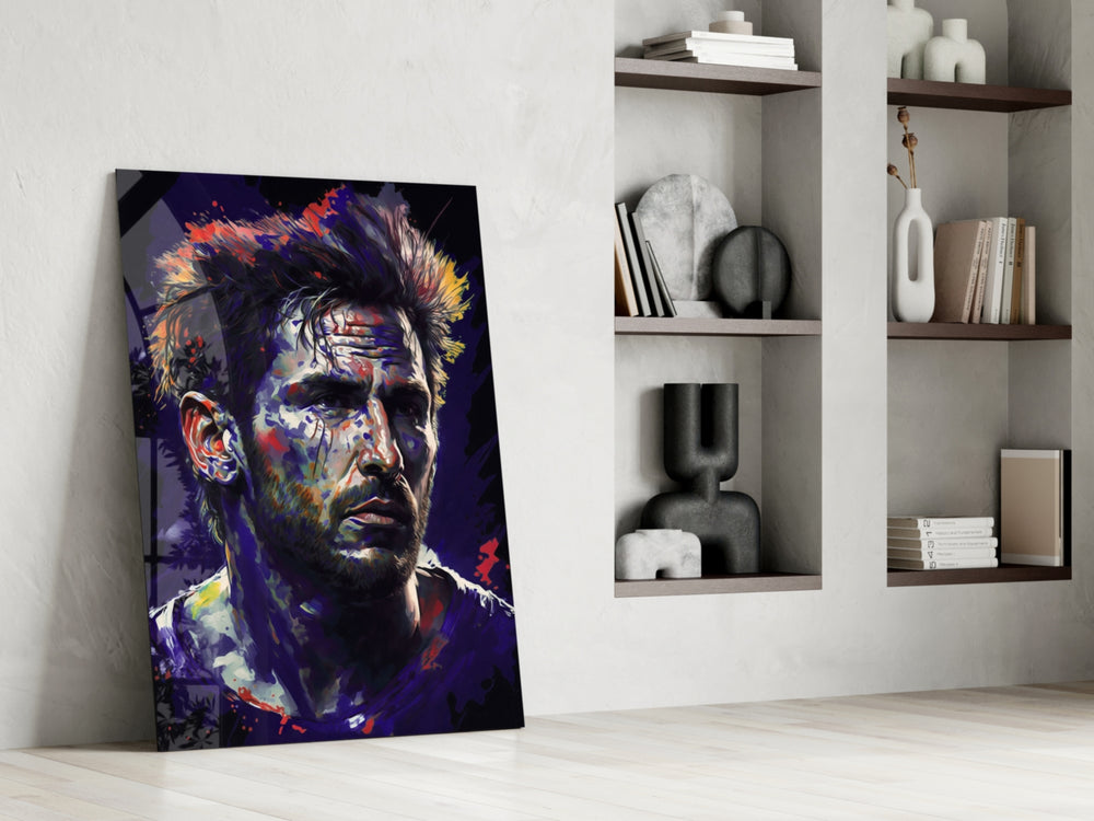 Messi glass print enhancing a hallway with athletic palette