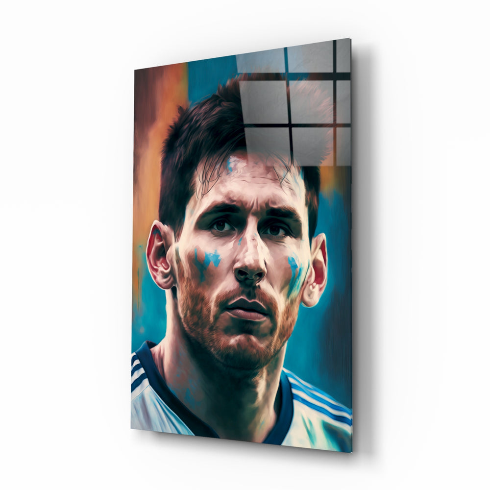 Messi glass wall art displayed above a leather sofa in a man cave with national pride
