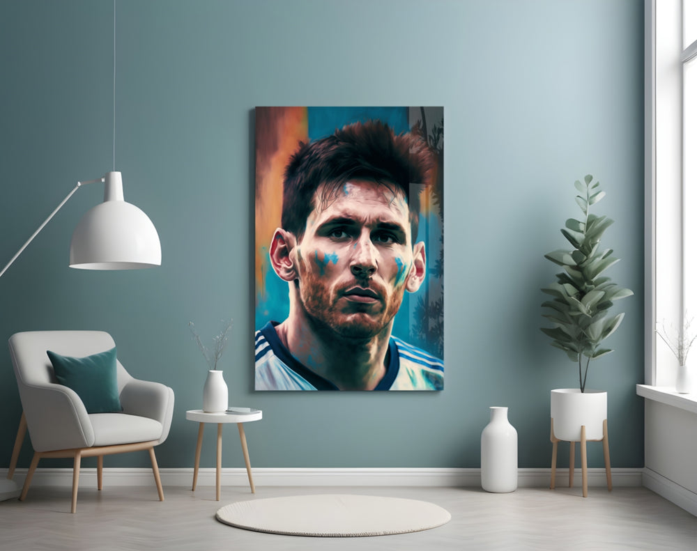 Messi glass wall art styled above a console in a sports lounge