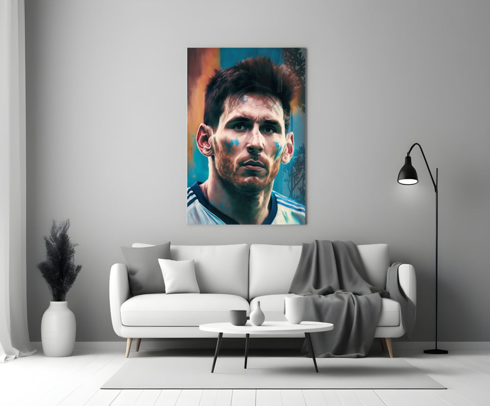 Messi close-up showing sky-blue Argentina face-paint stripes and steady gaze