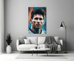 Messi close-up showing sky-blue Argentina face-paint stripes and steady gaze