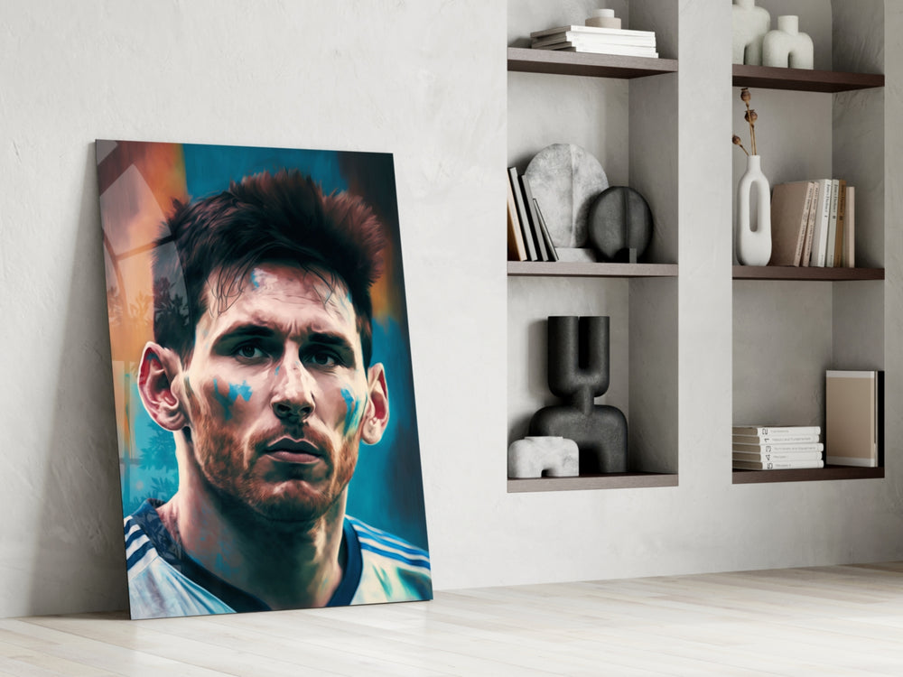 Messi glass print enhancing a hallway with athletic palette