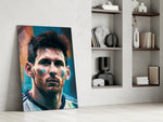 Messi glass print enhancing a hallway with athletic palette