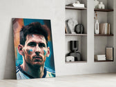 Messi glass print enhancing a hallway with athletic palette