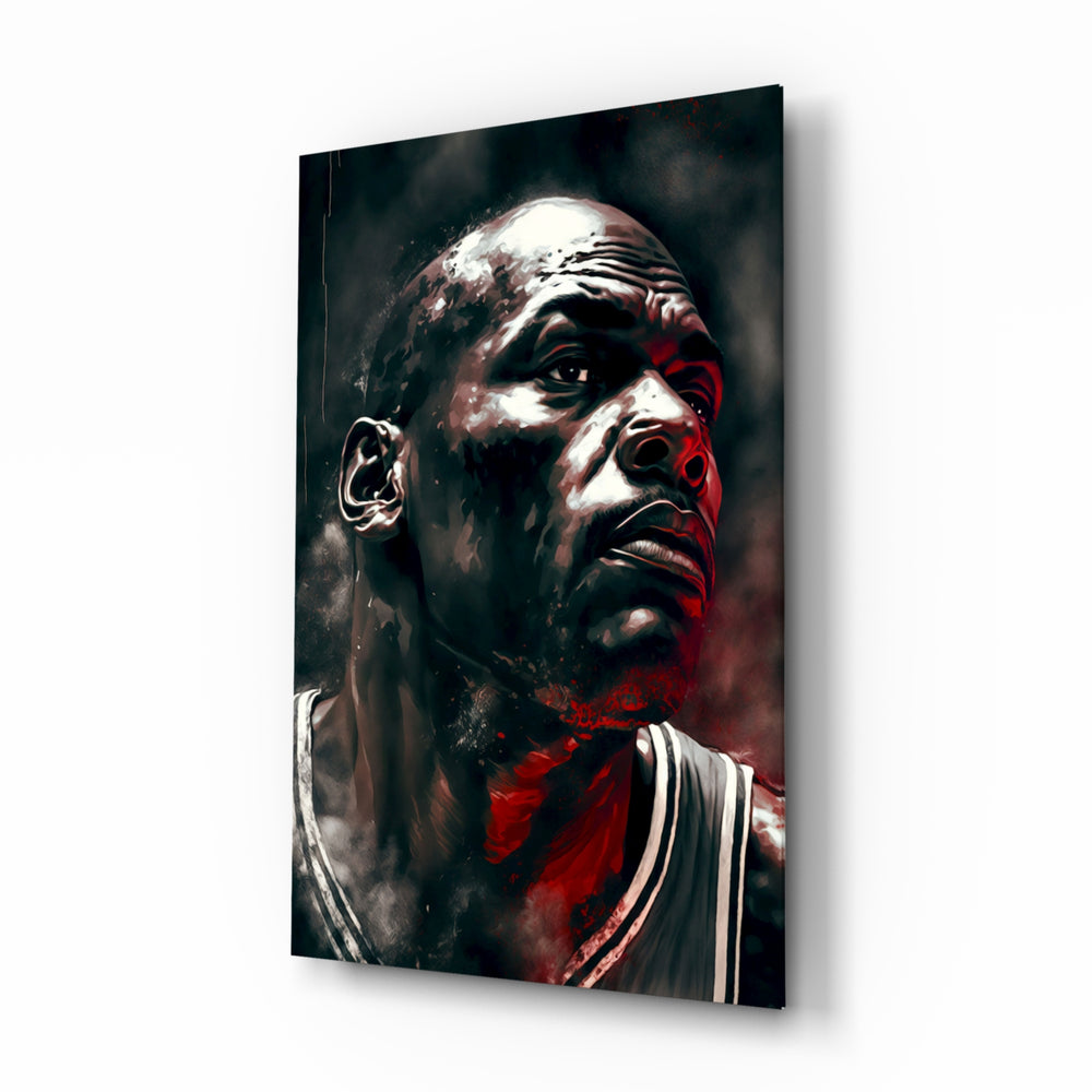 Michael Jordan glass wall art displayed above a leather sofa in a man cave with championship pulse