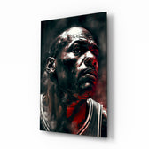 Michael Jordan glass wall art displayed above a leather sofa in a man cave with championship pulse