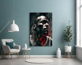 Michael Jordan glass wall art styled above a console in a sports lounge