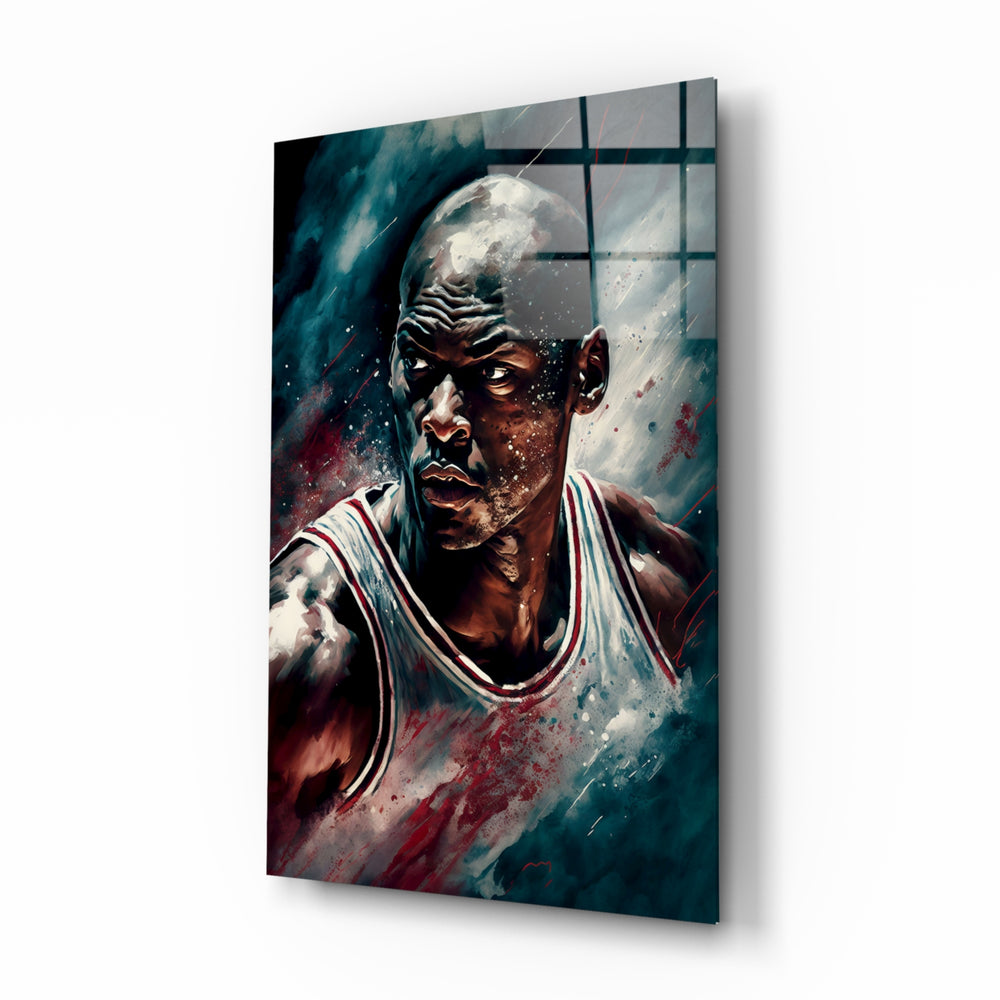 Michael Jordan glass wall art displayed above a leather sofa in a man cave with championship pulse