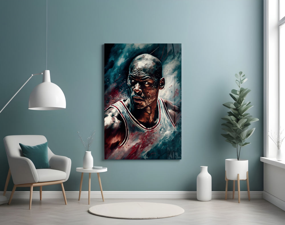 Michael Jordan glass wall art styled above a console in a sports lounge