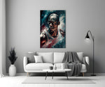 Michael Jordan close-up showing bald crown catching arena rim-light in teal smoke