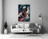 Michael Jordan close-up showing bald crown catching arena rim-light in teal smoke