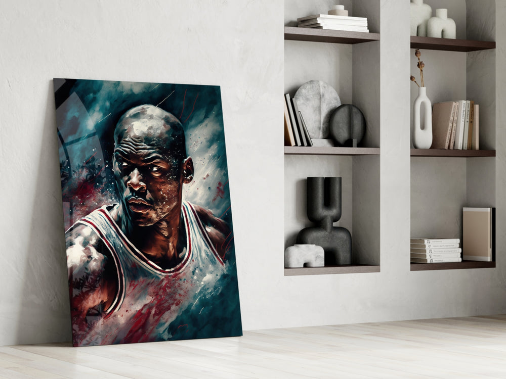 Michael Jordan glass print enhancing a hallway with athletic palette