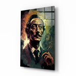 Salvador Dali glass wall art displayed above a writing desk in a literary study
