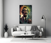 Dali close-up showing curling moustache and thin cigarette holder in yellow smoke
