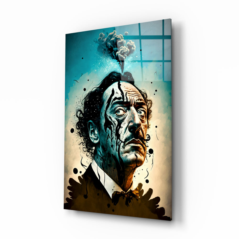 Salvador Dali glass wall art displayed above a writing desk in a literary study