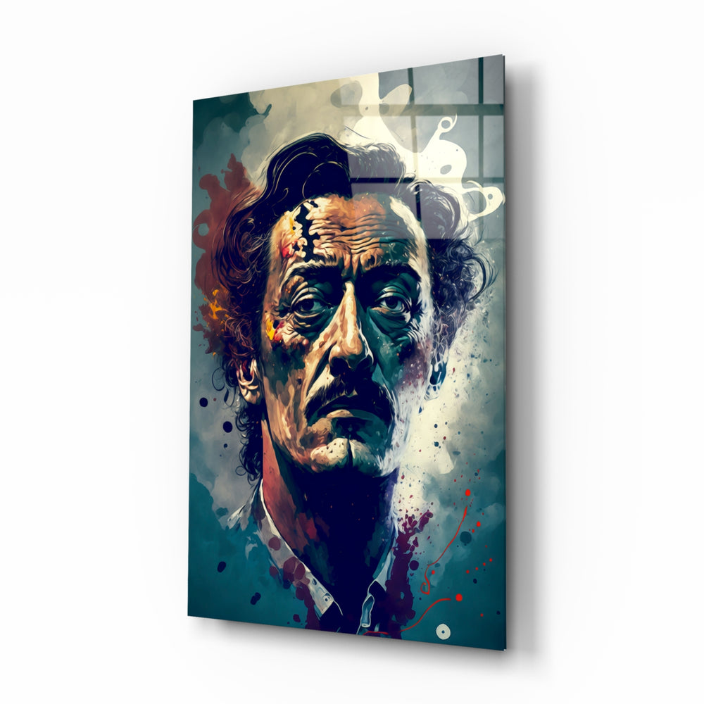 Salvador Dali glass wall art displayed above a writing desk in a literary study