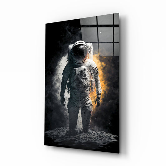 Astronaut glass wall art displayed above a desk in a contemporary home office