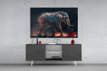 Elephant panel catching lamp light to reveal its totem-walker hush