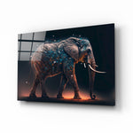 Glory of an Elephant glass wall art displayed above a sectional in a sanctuary living room