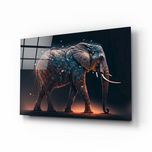 Glory of an Elephant glass wall art displayed above a sectional in a sanctuary living room