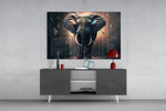 Elephant panel catching lamp light to reveal its haloed-bull theater