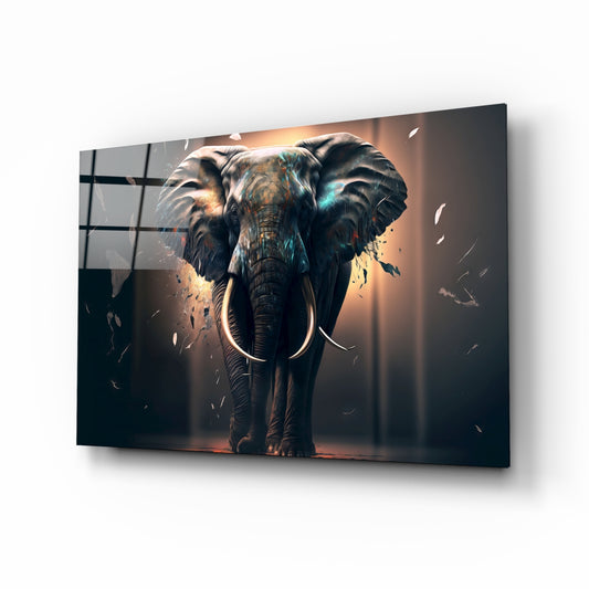 Glory of an Elephant glass wall art displayed above a sectional in a sanctuary living room