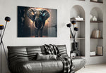 Glory of an Elephant glass wall art styled above a console in a gallery hall