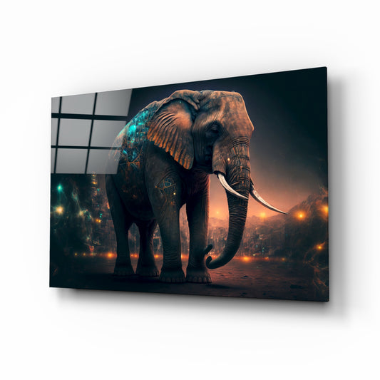 Glory of an Elephant glass wall art displayed above a sectional in a sanctuary living room