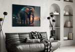 Glory of an Elephant glass wall art styled above a console in a gallery hall