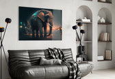 Glory of an Elephant glass wall art styled above a console in a gallery hall