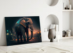 Elephant close-up showing teal circuit traces and ember city lights