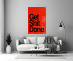 Get Shit Done close-up showing heavy black sans-serif on crimson ground