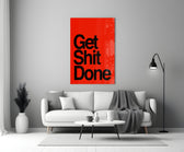 Get Shit Done close-up showing heavy black sans-serif on crimson ground