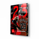 Michael Jordan glass wall art displayed above a leather sofa in a man cave with championship pulse