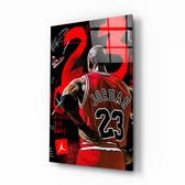 Michael Jordan glass wall art displayed above a leather sofa in a man cave with championship pulse