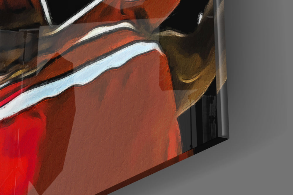 Basketball legend artwork anchoring a wall with scarlet-and-onyx palette