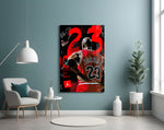 Michael Jordan glass wall art styled above a console in a teen lounge