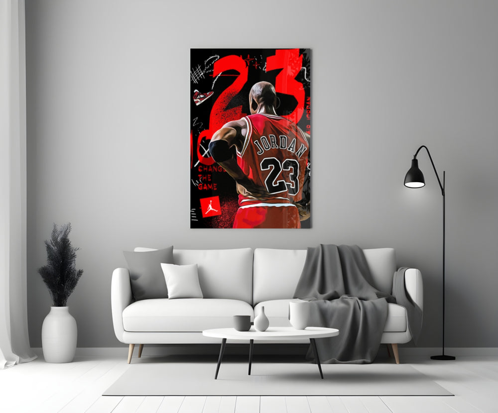 Jordan back-turned close-up showing red Bulls jersey 23 and graffiti collage