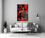 Jordan back-turned close-up showing red Bulls jersey 23 and graffiti collage