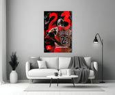 Jordan back-turned close-up showing red Bulls jersey 23 and graffiti collage
