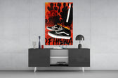 Vans panel catching lamp light to reveal its off-the-wall flames